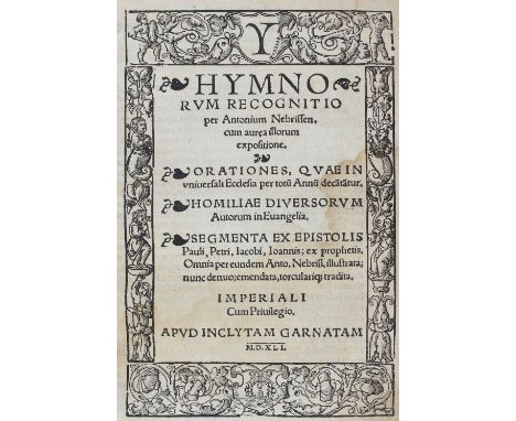 Nebrija,A. de.: Hymnorum recognitio ... cum aurea illorum expositione. 2 Teile in 1 Band. Mit Holzschnitt-Titelbordüre. Grana