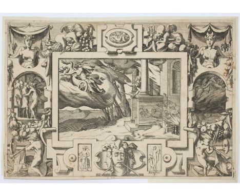 Boyvin, René: (um 1525 Angers um 1598). Medea flieht vor Jason. Kupferst. nach L. Thiry a. feinem Bütten, um 1560, ca. 15 x 2