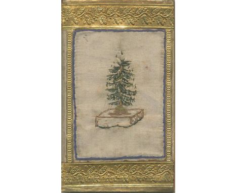 Einband: eines Notizbüchleins, bezogen mit Seidenstickerei in geprägter Goldpapier-Umrahmung, um 1830. 10,8 x 6,5 cm. Inhalt 