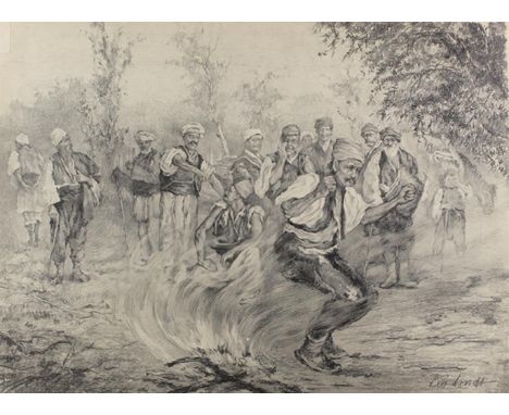 Arndt, Leo: (1857 Eilenburg - Berlin 1945). 4 Bl. tls. weiß gehöhte Kohlezeichnungen u. 1 Zeichnung mit Kohle u. farb. Kreide