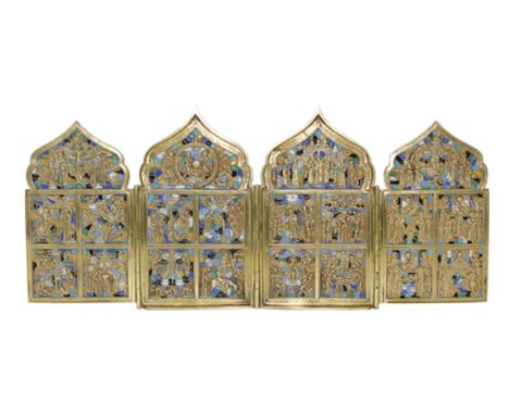 Emaillierte Bronzeikone,: russisch um 1850. Prachtikone, Tetraptychon. 4-flügelige Ikone mit Rundspitzbögen. 6-farbig emailli