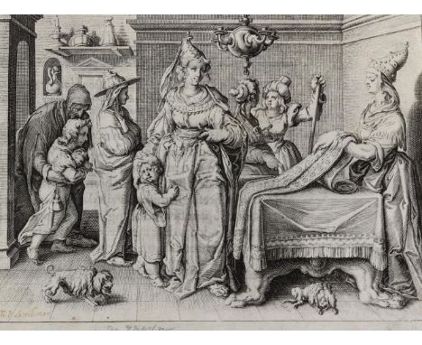 Dolendo, Zacharias: (um 1575 wohl Leiden um 1600). Eine Frau aus Lacedemon kommt zu einer Teppichweberin, die ihr die schönst