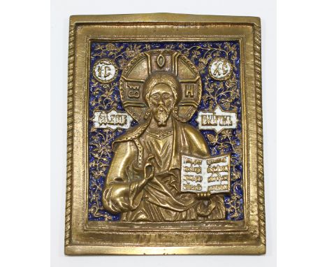 Emaillierte Bronzeikone,: russisch um 1850. Christus Allherrscher. 2-farbig emailliert. 13,5 x 11 cm.  Lit. Russische Metall-
