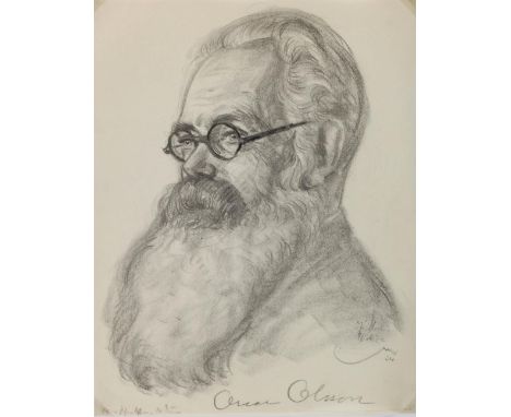 Stumpp, Emil: (1886 Neckarzimmern - Stuhm 1941). Oscar Olsson. Kopfbild von links. Kohlezeichnung auf transparentem Zeichenpa