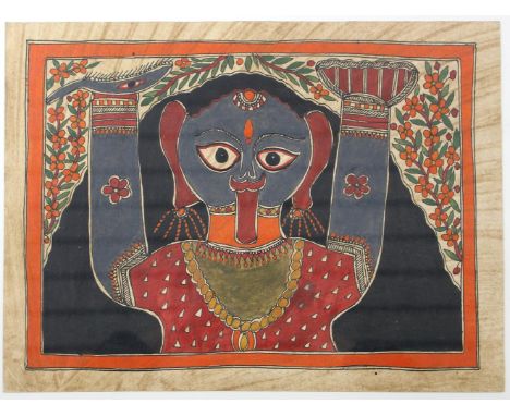Indien Madhubani Malerei.: Kali mit ausgestreckter Zunge und erhobenen Armen. Am Hals die typische Kette mit Köpfen tragend. 