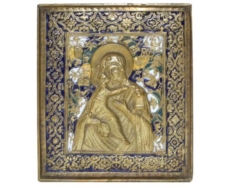 Emaillierte Bronzeikone,: russisch um 1800. Gottesmutter von Vladimir. 4-farbig emaillierte Ikone. 13,3 x 11,5 cm. Ikonen-Exp