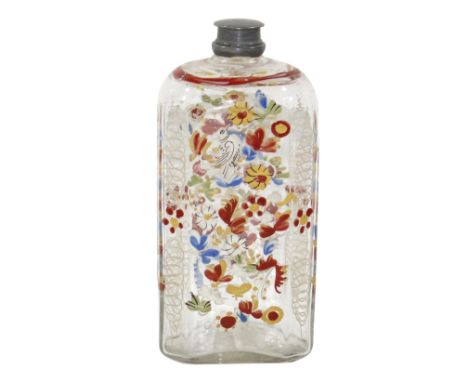 Flasche süddeutsch 18.Jh.: Klarglas mit reicher Emaillemalerei. Blüten u. Vogeldekor. Zinn-Schraubverschluss. 16 cm.   R