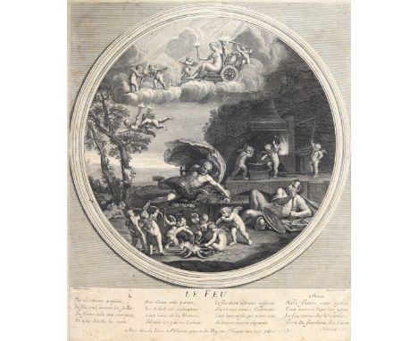 Elemente.: Le Feu. Das Feuer. Im Vordergrund halten Amoretten ihre Pfeile ins Feuer des Vulkans, im Himmel verteilt Venus in 