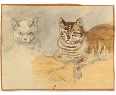 Erbe, Robert: (1844 Gera - Oberlößnitz 1903). 2 Katzen. Aquarellierte Bleistiftzeichn. 1880. Ca. 10,8 x 16,4 cm. Sign. u. dat