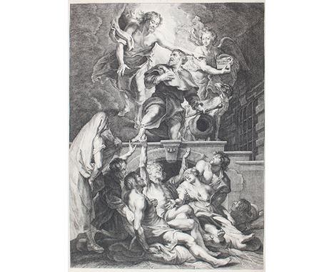 Rubens, Peter Paul: (1577-1640) nach. Christus erscheint dem Heiligen Rochus. Anonymer Kupferstich, wohl 18. Jh. Plgr. 49,7 x