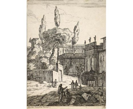 Bloemen, Jan Frans van (gen. Orrizonte,: 1662 Antwerpen - Rom 1749). Italienische Landschaft mit antiken Gebäuden u. fig. Sta