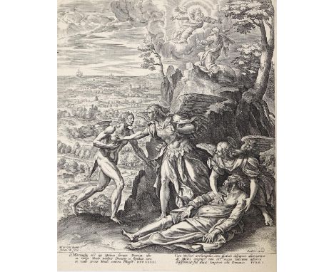 Wierix, Johannes: (1549 Antwerpen - Brüssel ca. 1620). Moses Tod, mit Satan u. St. Michael. Aus dem Alten Testament. Kupferst