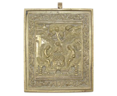 Hl. Dreifaltigkeit.: Bronzeikone russisch 19.Jh. Bronzeguß fein ausgearbeitet. In hervorragendem Zustand. 8,5 x 7,2 cm.   R