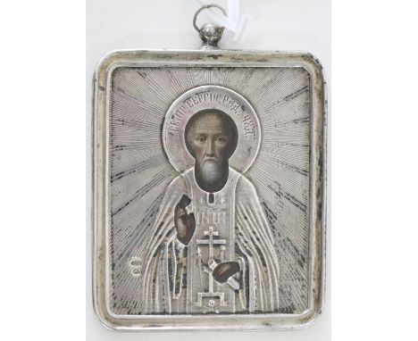 Hl. Sergej von Radonesch.: Malerei auf Zinkblech unter getriebenem Silberoklad im Silberrähmchen. 9,1 x 7,6 cm. Kokoshnik Mar