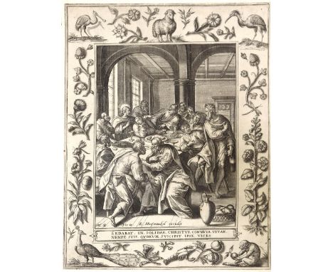 Vos, Marten de: (1532 Antwerpen 1603) nach. Das letzte Abendmahl. Kupferstich n. M.de Vos mit hübscher Umrandung mit Löffelre