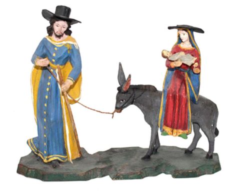Krippenfigur Tirol um 1800.: Holz fein geschnitzt u. farbig gefasst. Josef, Maria u. Christus auf Esel reitend. Teil einer We