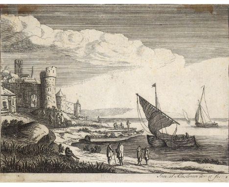Almeloveen, Jan van: (um 1652 - Utrecht 1684). Küstenlandschaft mit Booten u. einer befestigten Stadt. Bl. 1 aus der Folge "S