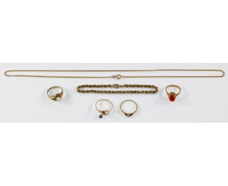 Goldschmuck: Sammlung aus Goldkette 750 GG (Gew. 6,2 g), 4 Ringen 585 GG mit Perlen, kl. Brillanten, Koralle, 1 Ring mit fehl