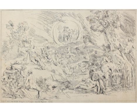 Ertinger, Franz: (1640 Wyl - Paris um 1710). Diana und Endymion. Radierung auf Bütten mit WZ "Bekröntes Lilienwappen" n. R.de