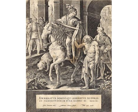 Collaert, Adriaen: (1520 Antwerpen 1618). Ein Reiter, wohl St. Martin, teilt seinen Mantel mit einem verküppelten Bettler. Ku
