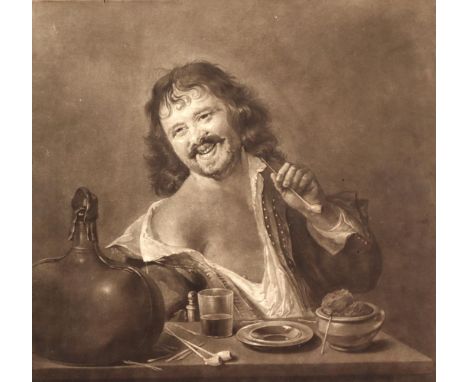 Anonym.: Fideler Trinker  mit Pfeifchen, die re. nackte Schulter zeigend. Anonymes, wohl niederländ. Mezzotinto, 18. Jh. 24,6