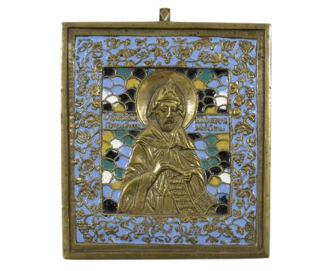 Emaillierte Bronzeikone,: russisch um 1850. Der heilige Niphont. 5-farbig emailliert. Darstellungen des Hl. mit doppelzeilige