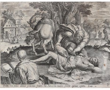 Collaert, Hans Jan Baptist I: (1530 Antwerpen 1581). Der barmherzige Samariter. Aus der Folge "Thesaurus Novi Testamenti...".