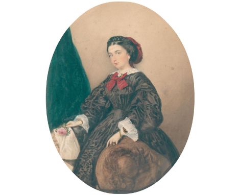 Gaupmann, Rudolf: (1815 Wien - Graz 1877). Portrait einer jungen Dame im schwarzen Kleid mit Spitzenbesatz u. roter Schleife 