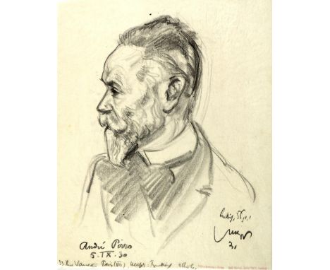 Stumpp, Emil: (1886 Neckarzimmern - Stuhm 1941). André Pirro. Büste im Profil von links. Kohlezeichnung auf transparentem Zei