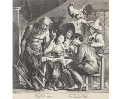 Vorsterman, Lucas I: (1595 Zaltbommel - Antwerpen 1675). Der große Satyr am Tische bei der Bauernfamilie. Kupferstich n. Jord