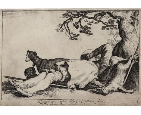 Bloemaert, Cornelis II: (1603 Utrecht - Rom 1692). Schlafender Jäger mit erlegtem Hasen u. 2 Jagdhunden. Kupferstich n. A.Blo