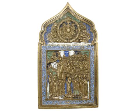 Emaillierte Bronzeikone,: russisch um 1800. Pokrow - Mariae Schutz und Fürbitte. 4-farbig emailliert. Ikone mit Gottesmutter 