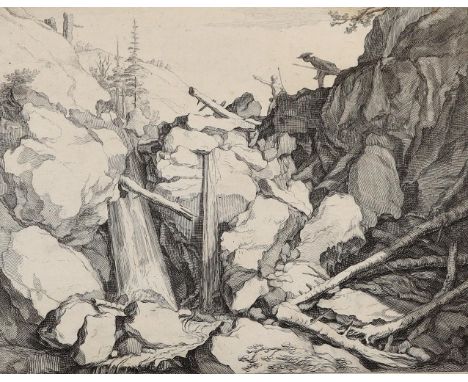 Bloemaert, Frederick: (1610 Utrecht 1669). Felsige Landschaft mit Wasserfall und zwei Männern. Radierung auf Bütten mit WZ "F