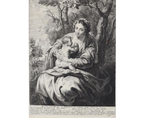 Does, Antony van der: (1609 Antwerpen 1680). Die hl. Jungfrau mit dem Kind in einer Landschaft. Radierung auf Bütten n. Erasm