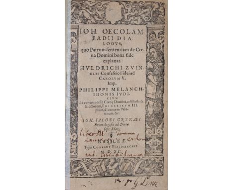 Ökolampadius,J.: Dialogus quo Patrum sententiam de Coena Domini bona fide explanat. Basel, Waldkirch 1590. Mit Holzschn.-Tite
