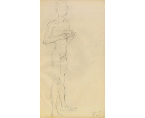 Sintenis, Renée: (1888 Glatz - Berlin 1965). Stehender männlicher Akt, etwas in den Händen haltend. Bleistift auf Skizzenpapi