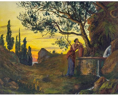 Volkmann, Hans Richard von: (1860 Halle 1927). Frau mit Krug am Brunnen vor Landschaft mit Sonnenuntergang. Aquarell auf Papi