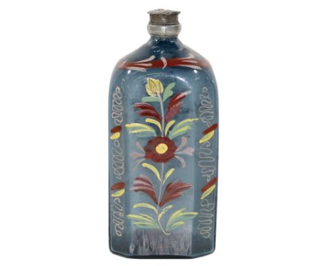 Flasche süddeutsch 18.Jh.: Mit Zinn-Schraubdeckel. Blauglasflasche mit Emaillemalerei. H: 15 cm.   R