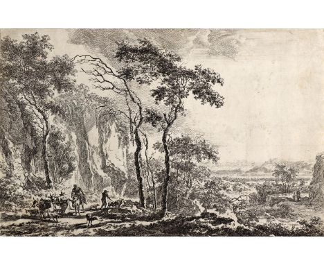 Danckerts, Dancker: (um 1634 Amsterdam 1666). Italienische Berglandschaft mit Maultieren, Hirten und Rindern. Radierung auf B
