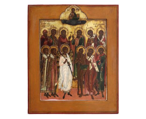 Heiligenikone.: 12 Heilige stehend, darunter Feodor, Marie, Maxim, Sosipatros, Konstantin u. Onofrius, darüber auf Wolken der