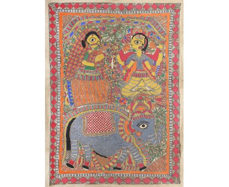 Indien Madhubani Malerei: auf Kartonpapier. Darstellung der indischen Hauptgottheit Lord Shiva u. Durga mit Elefanten. 69 x 4