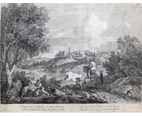 Wagner, Joseph: (1706 Thalendorf - Venedig 1780). Stanca siede la Madre e filgio abbraccia... Flusslandschaft mit rastender M