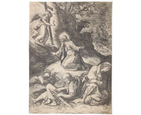 Cort, Cornelis: (1533 Hoorn - Rom 1578) Kopie nach. Christus am Ölberg. Anonymer Kupferstich n. F.Zuccari. Blgr. 43 x 31,6 cm