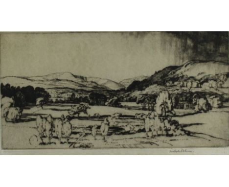 Malcolm Osborne (1880-1963) - Etching - Mountainous country landscape, 18cm x 34.5cm, signed in pencil, in ebonised frame and