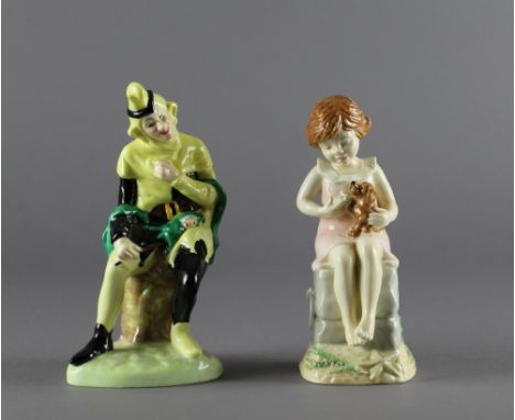 A Royal Worcester bone china figure - 'Wednesday's Child', 16cm high, and a Coalport bone china figure of a Jester Both in go