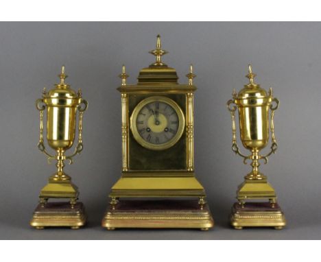 A 19th century French mantle clock and garnitures, the movement marked 'HP&Co 50401' striking a coil. 36cm high & 30cm high. 