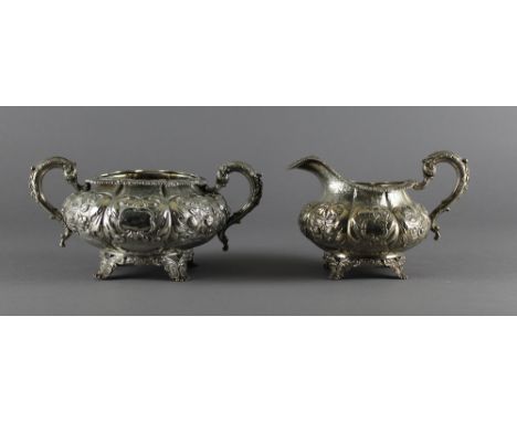 A 19th century Irish silver milk jug and sugar bowl, rubbed marks. 835grams, 29.4oz, together with a 19th century silver teap