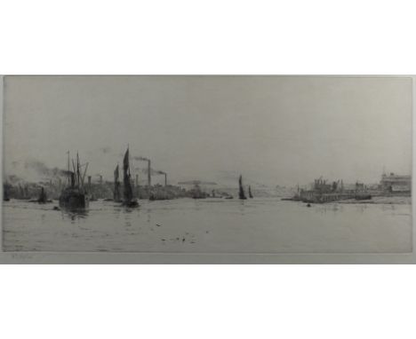 WL Wyllie (1851-1931) - Etching - Busy harbour shipping scene, 16.5cm x 37.5cm, signed in pencil to margin, in ebonised frame