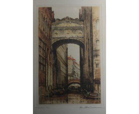 Early 20th Century School - Coloured etching - 'Bridge of Sighs, Venice', 32cm x 21cm, indistinctly signed, in ebonised frame