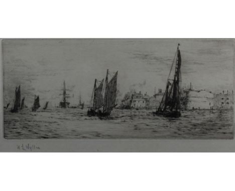 WL Wyllie (1851-1931) - Etching - Yachting scene, 9cm x 20cm, signed in pencil to margin, in ebonised frame and glazed Good o